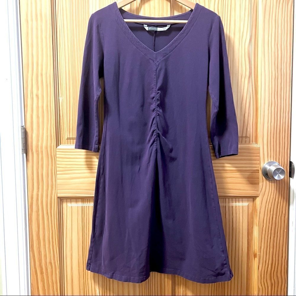 Athleta purple organic cotton ruched front three quarter sleeve dress small S - Picture 1 of 6